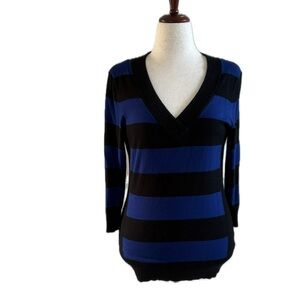 Style and Co | Striped V-Neck Sweater - Black and Blue | M | Very Good Condition